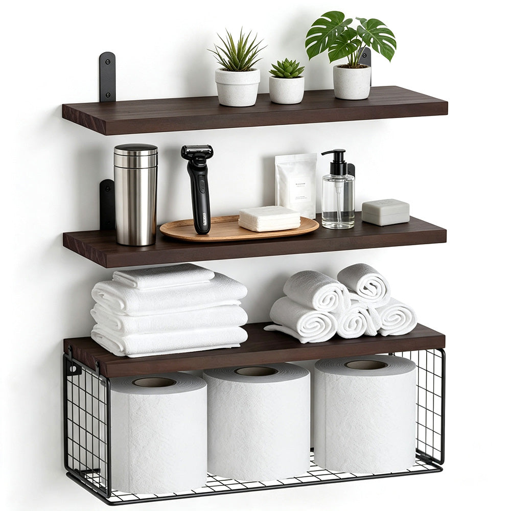 3 Piece Engineered Wood Wall Shelves with Storage Basket - Brown
