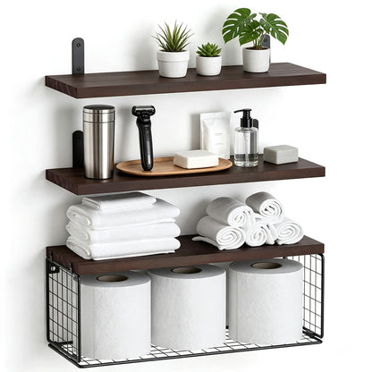 3 Piece Engineered Wood Wall Shelves with Storage Basket - Brown