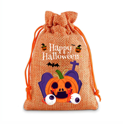 12 Pack Halloween Burlap Drawstring Gift Bags with Pumpkin Ghost Designs - Orange