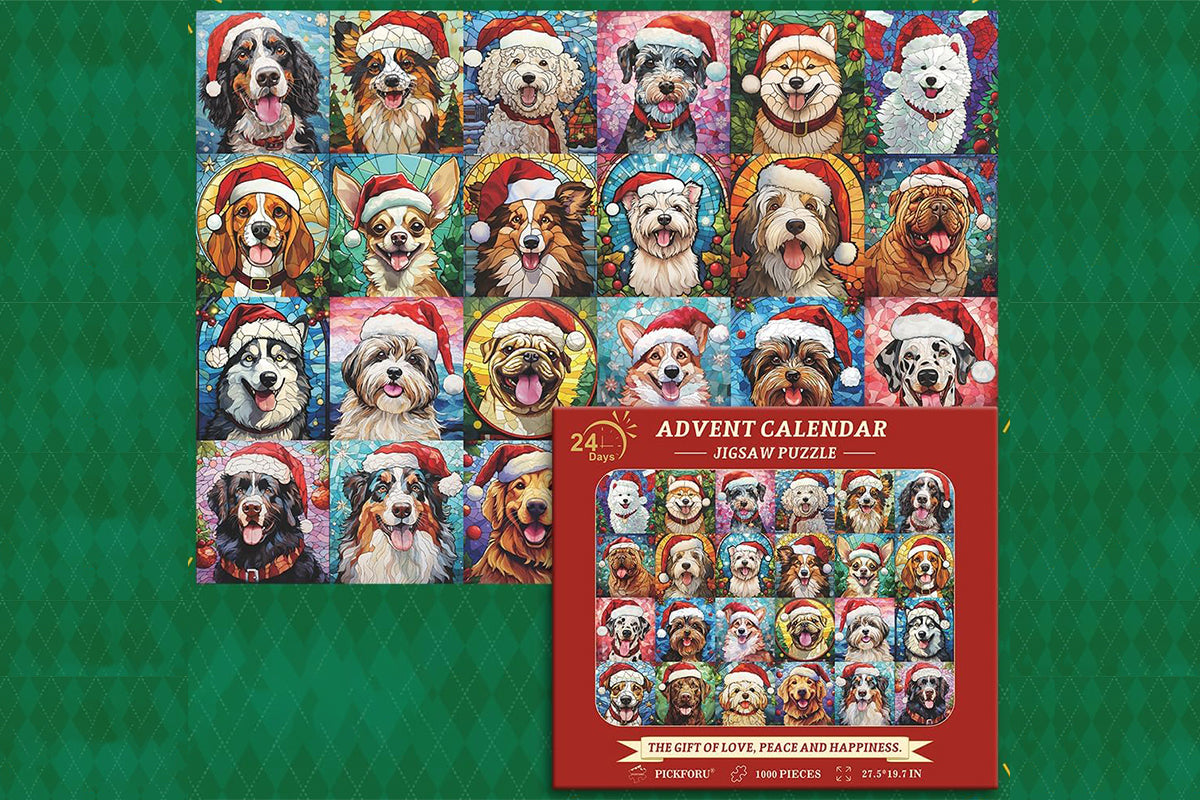 Christmas Advent Calendar 2024 Puzzles for Adults 1000 Pieces Dog Mosaic Stained Glass Puzzle Countdown Calendar