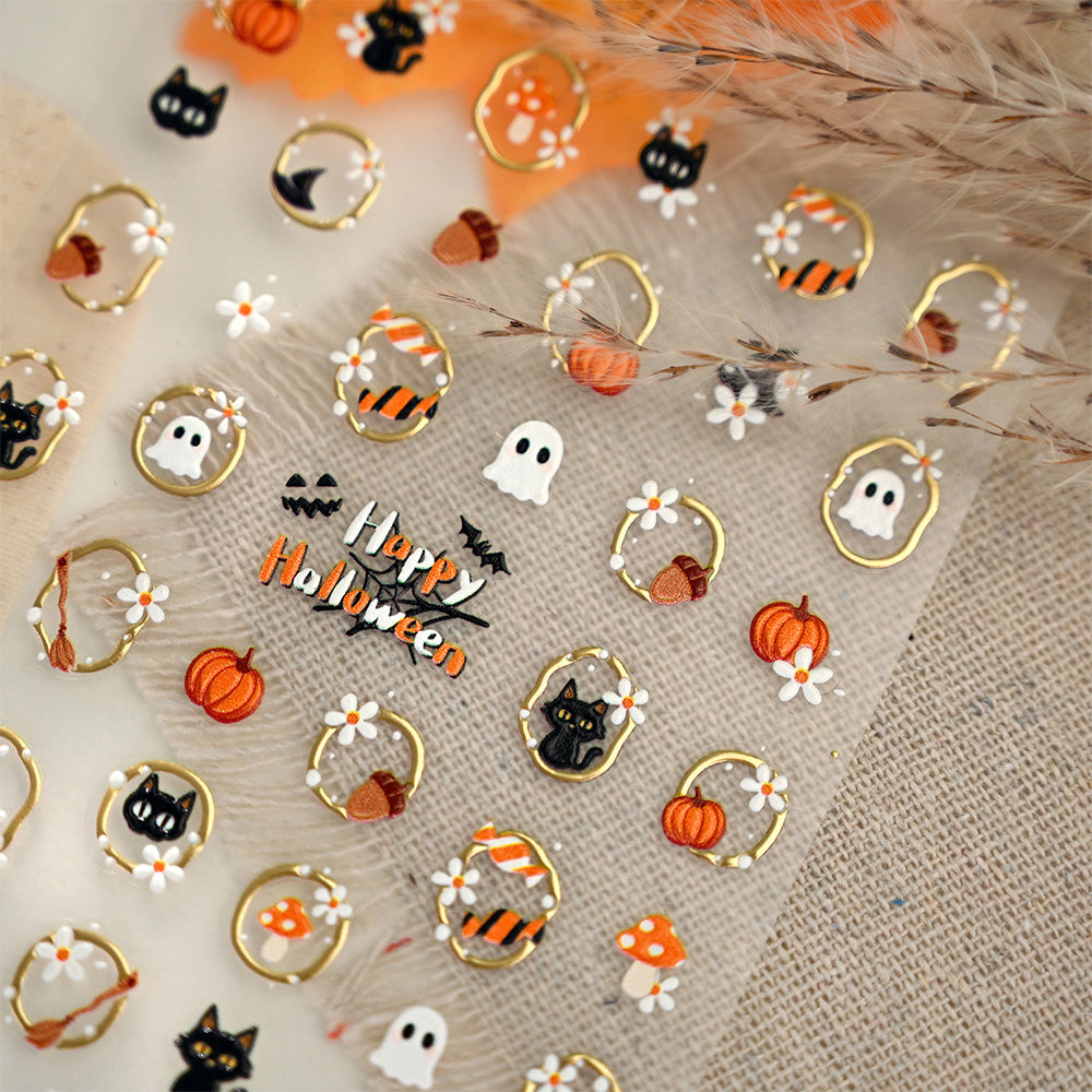 2 Piece Halloween Nail Art Stickers Black Cat Ghost Pumpkin Self-Adhesive