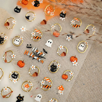 2 Piece Halloween Nail Art Stickers Black Cat Ghost Pumpkin Self-Adhesive