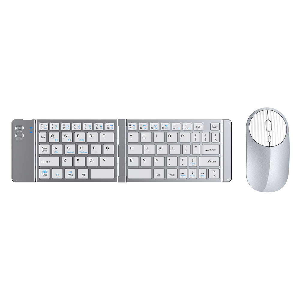 Foldable Wireless Keyboard Mouse Set Tri-Mode Bluetooth 2.4G Rechargeable - Silver