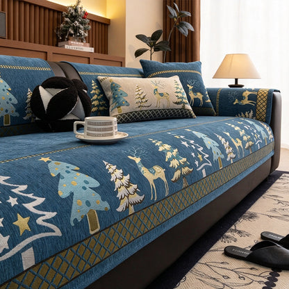 Christmas Deer Chenille Sofa Cover Scratch Resistant Sofa Protector - Blue