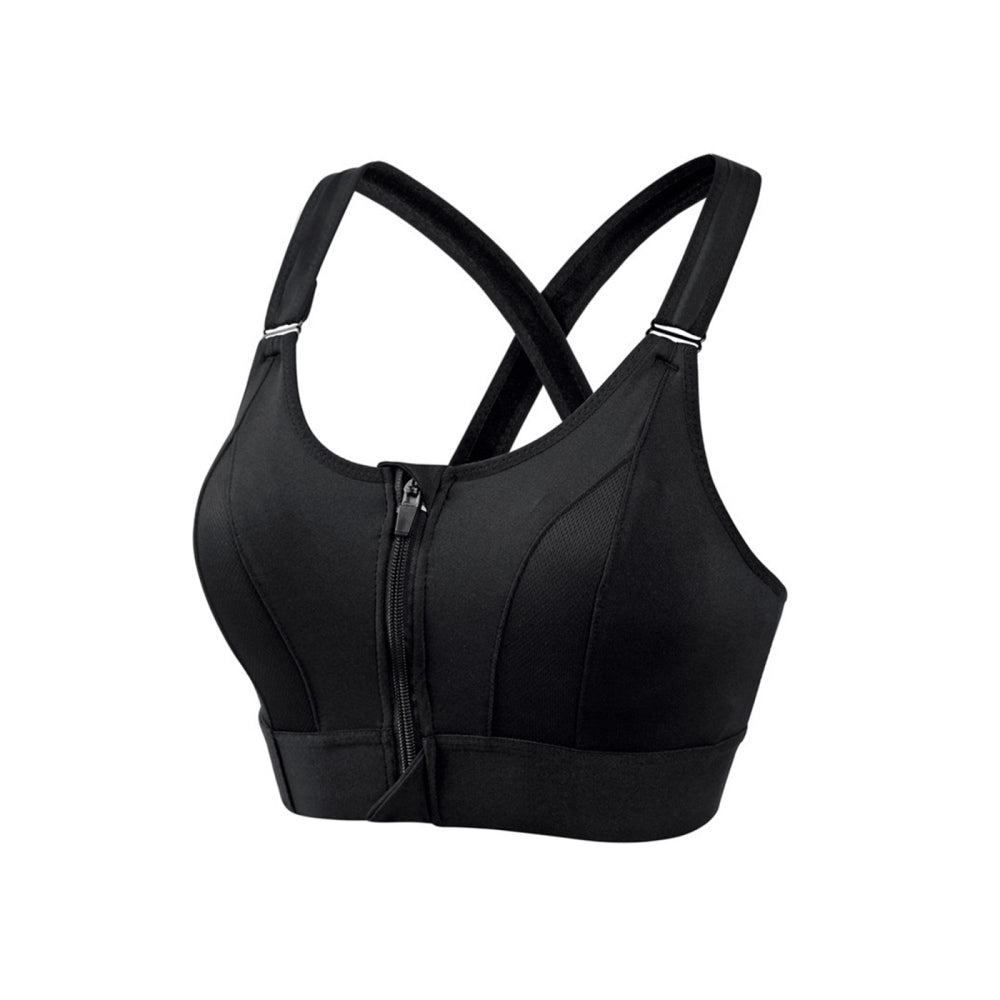 Adjustable Supportive Sports Bra with Front Zipper for Women-Black