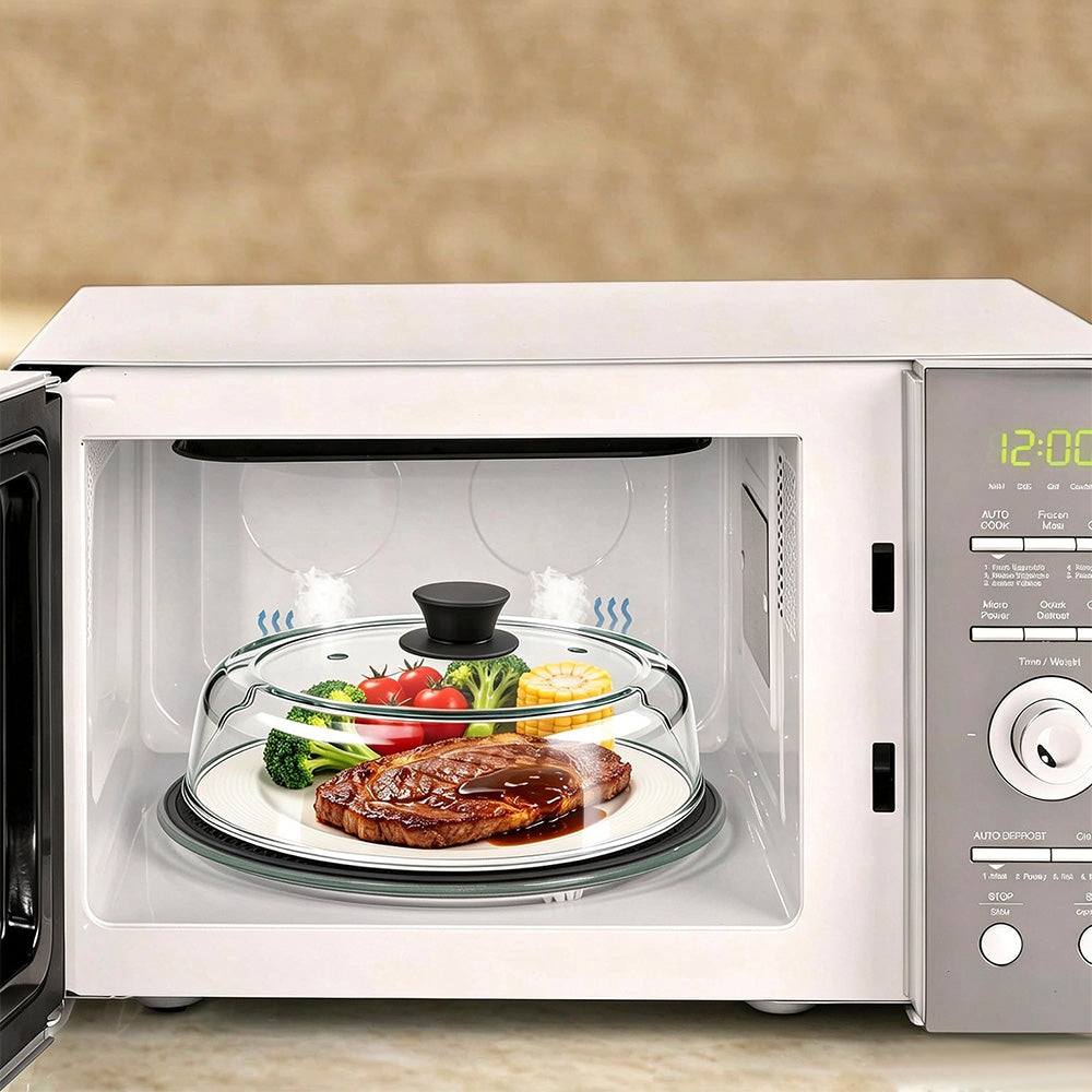 Microwave Glass Splatter Cover with Silicone Trivet Dual Vents - Black