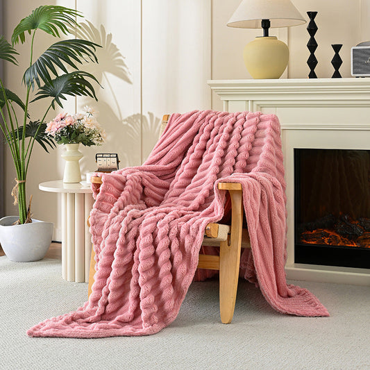 Cozy Plush Throw Blanket Fuzzy Bubble Blanket for Sofa Bedroom Living Room Pink