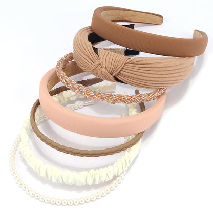 7 Piece Retro Pearl and Ribbon Hair Headband Set for Women-Coffee