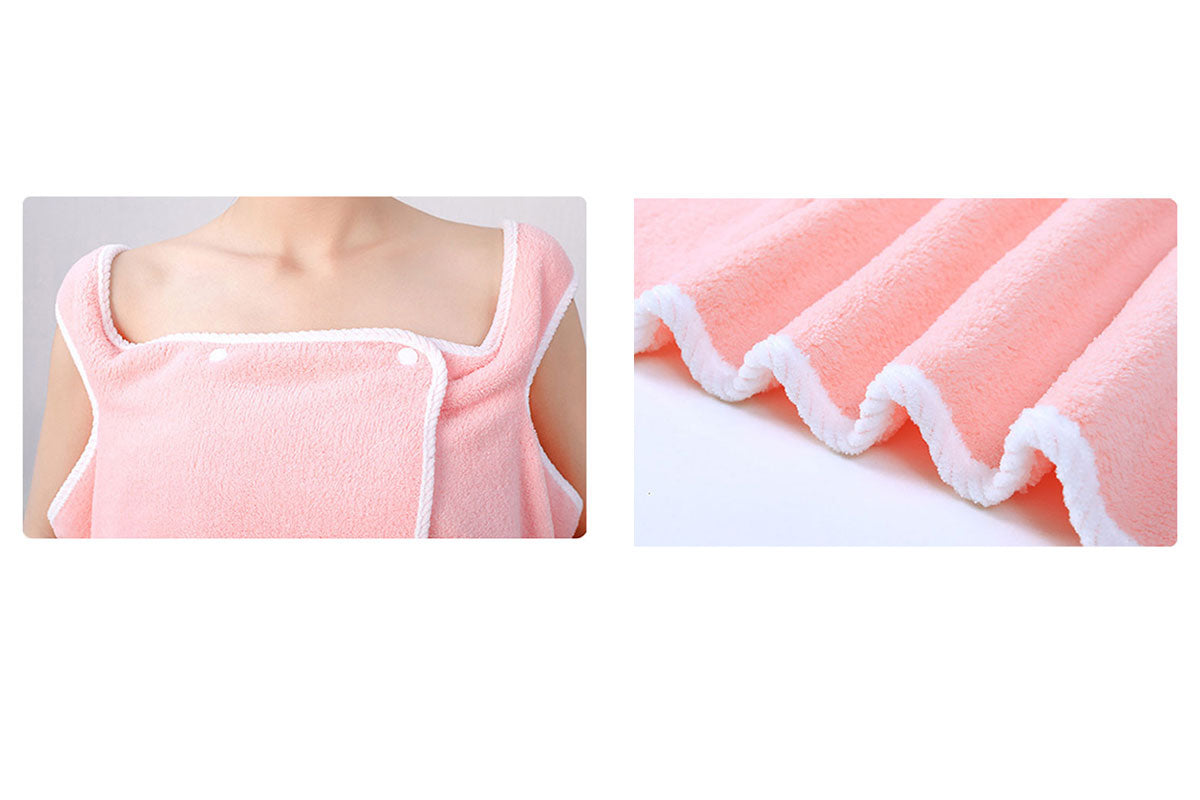 Coral Fleece Bath Towel Wearable Wrap Absorb Bathrobe With Pocket-Pink