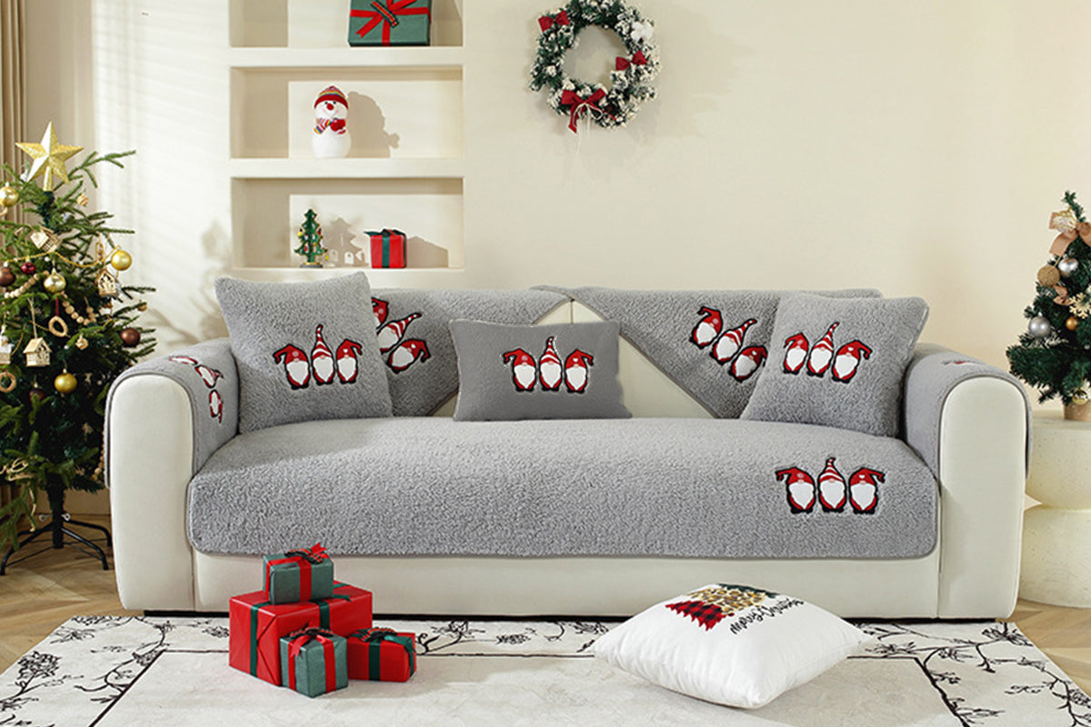 Christmas Sherpa Fleece Slipcover Protector Sofa Throw Cover Soft Thick Cozy Sofa Throw-Grey