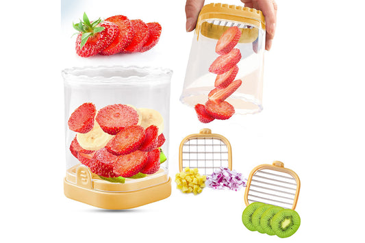 2-in-1 Kitchen Fruit Slicer Cup with Removable Blade and Push Plate for Strawberry Banana -Yellow