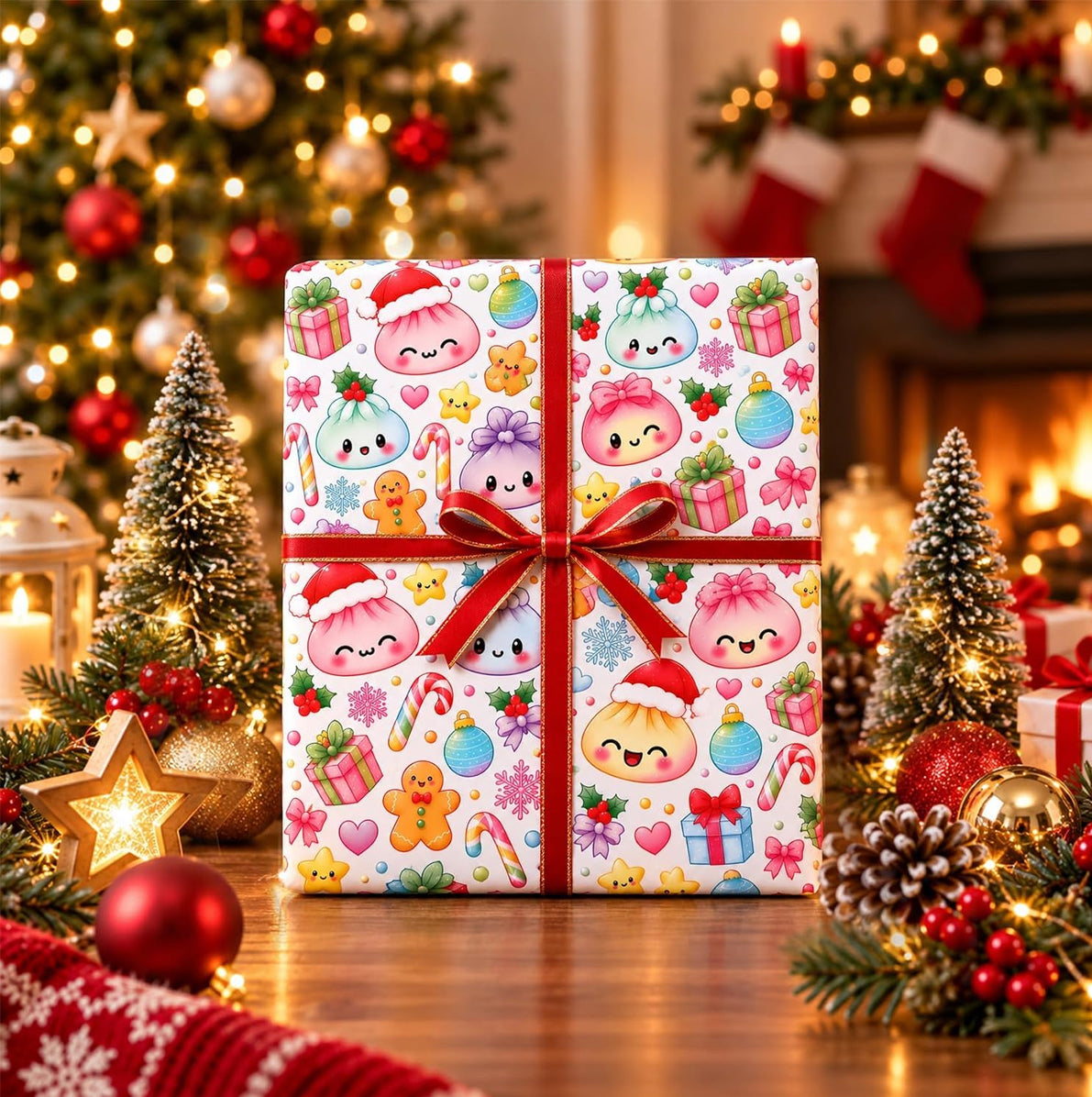 Christmas Cartoon Dumpling Gift Wrapping Paper Roll for Crafts