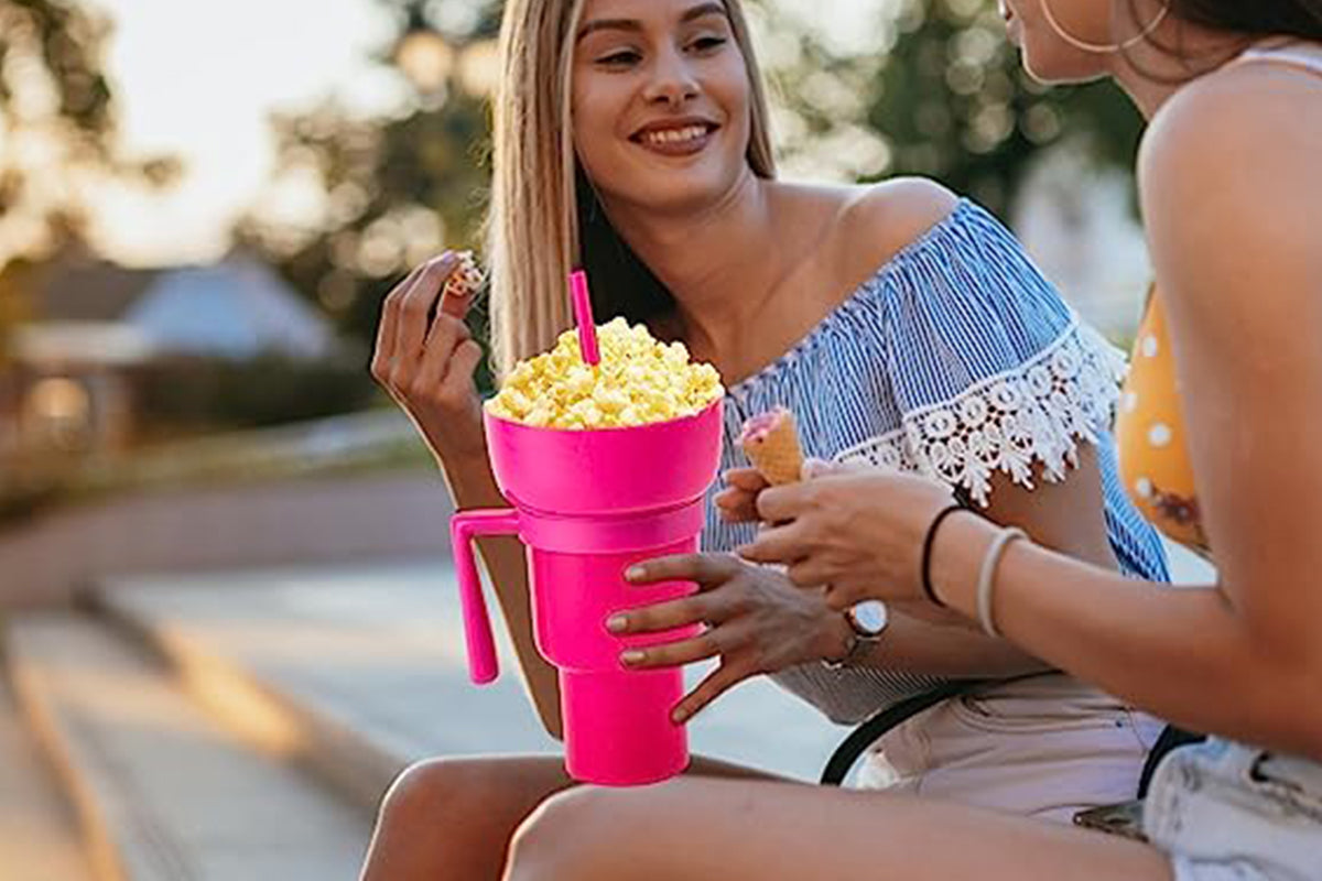 Reusable Tumbler Popcorn Cup Beverage Snack Multifunctional Split Cup With Straw-Pink