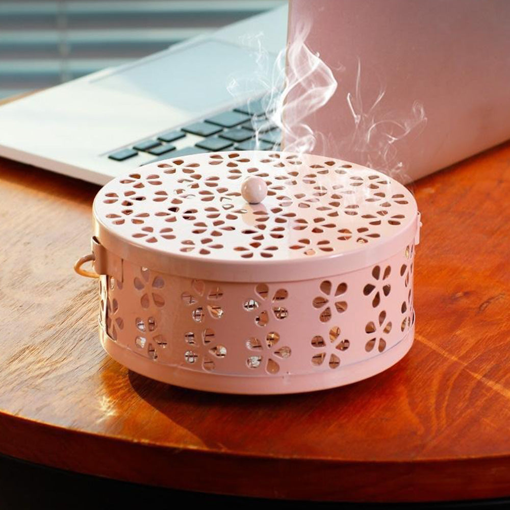Metal Mosquito Coil Holder with Lid Portable Hanging Incense Burner Box Pink