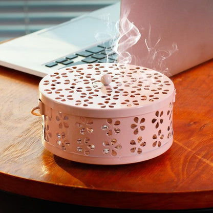 Metal Mosquito Coil Holder with Lid Portable Hanging Incense Burner Box Pink