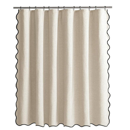 Waterproof Shower Curtain Thick Boho Wavy Edge With Rustproof Hooks-Beige