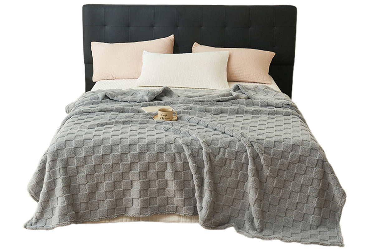 Soft Fleece Throw Blanket Checkered Jacquard Throw Blanket for Couch Bed-Grey