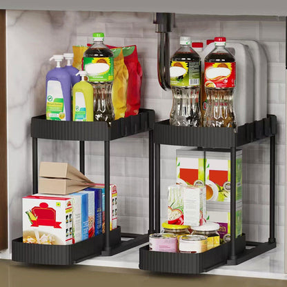 2Pcs Pull Out Storage Organizer Under Sink Shelf with 8 Hooks for Home Use