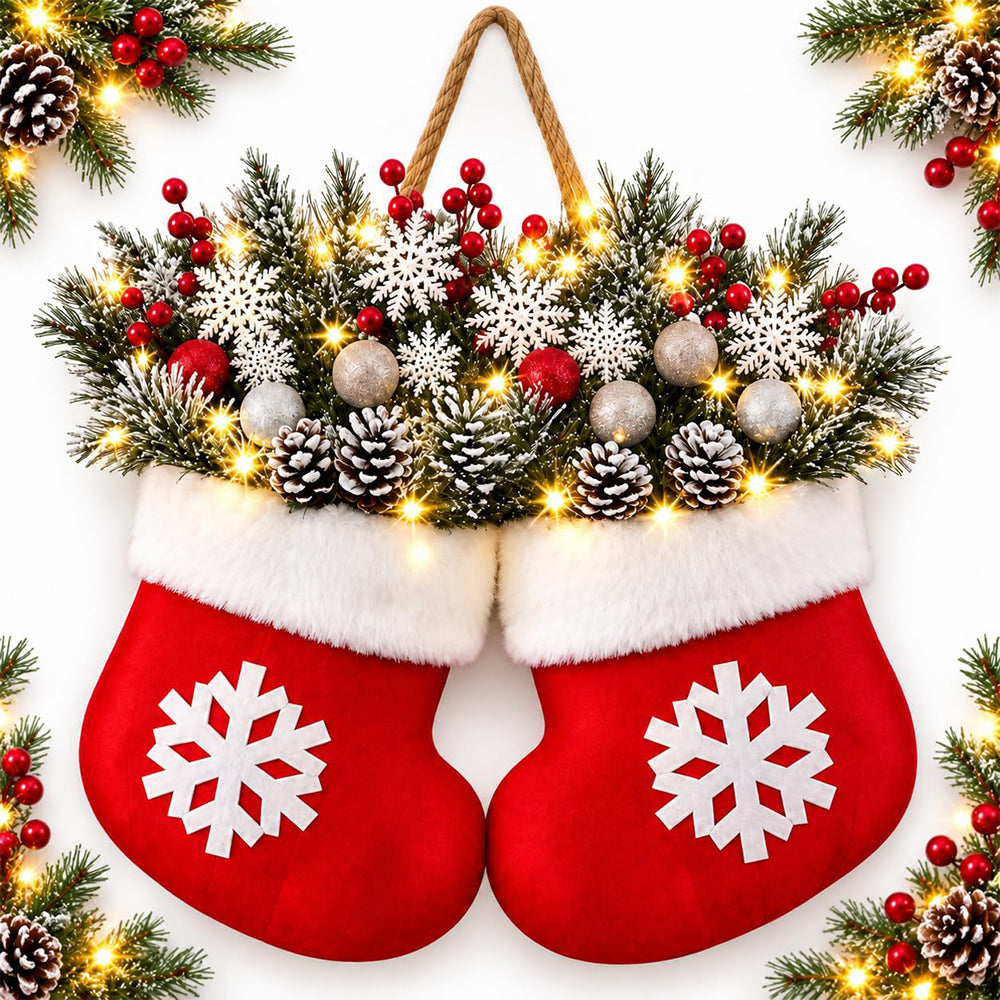Christmas Wreath Sock Shape with Warm Light Door Hanging Decor