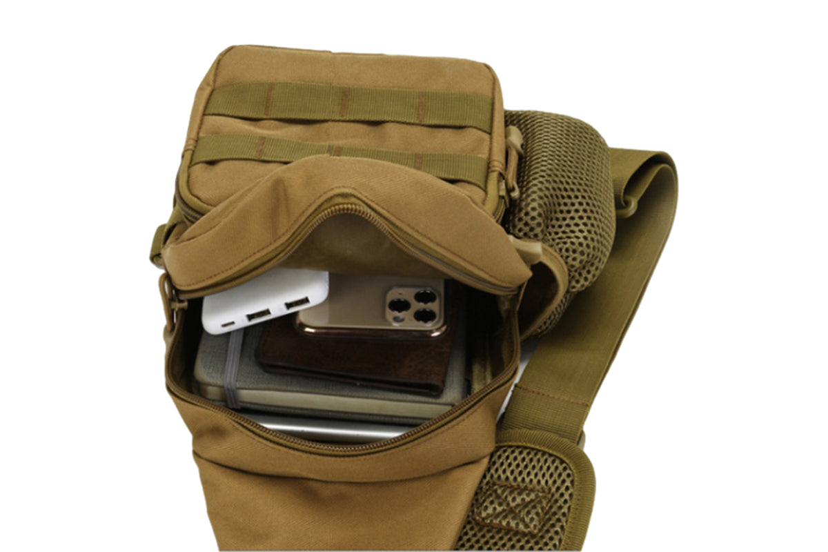 2Pcs Tactical Sling Bag Pack With Water Bottle Holder Shoulder Messenger Bag-Brown