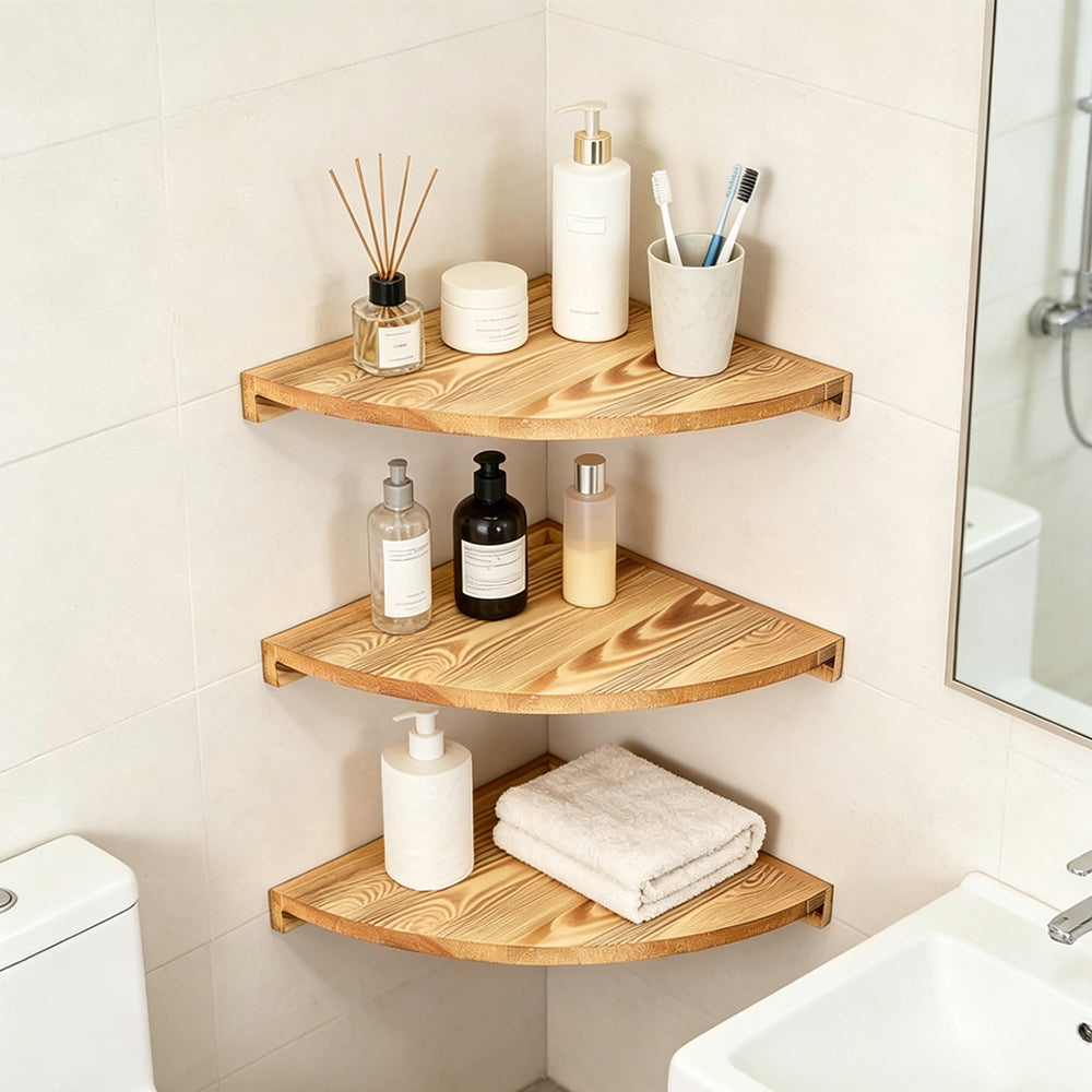 3-Tier Carbonized Wood Corner Shelf for Bathroom Living Room