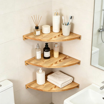 3-Tier Carbonized Wood Corner Shelf for Bathroom Living Room