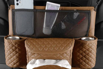 Car Handbag Holder Net Pocket Organizer For Handbag Storage Between Seats-Brown