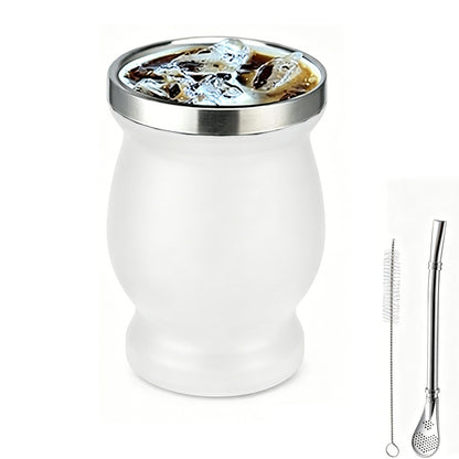 8oz 304 Stainless Steel Yerba Mate Cup Double Wall with Straw Spoon-White