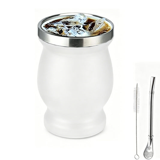 8oz 304 Stainless Steel Yerba Mate Cup Double Wall with Straw Spoon-White