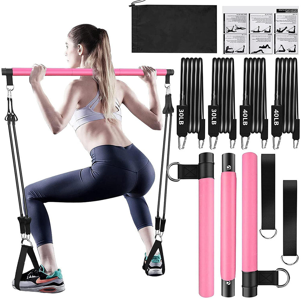 Multifunctional Pilates Bar Kit with Resistance Bands Portable Home Gym Core Strength Training Exercise Accessories Pink