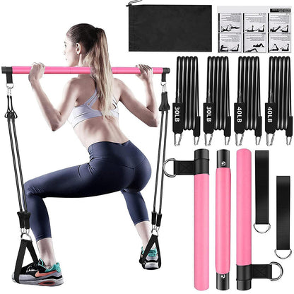 Multifunctional Pilates Bar Kit with Resistance Bands Portable Home Gym Core Strength Training Exercise Accessories Pink