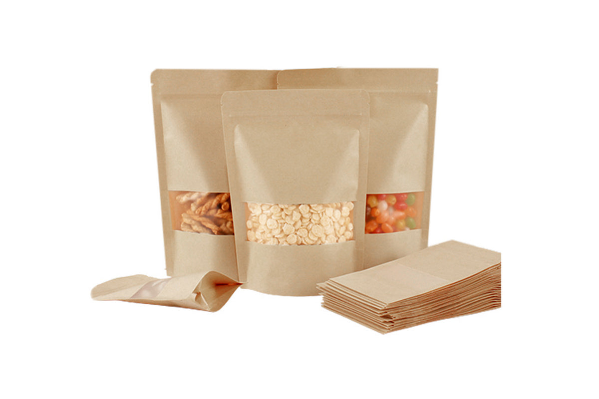 Kraft Stand Up Zip Lock Pouch Bags Resealable with Transparent Window-10pcs