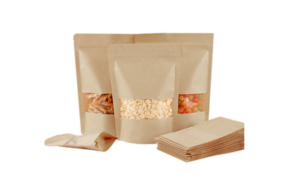 Kraft Stand Up Zip Lock Pouch Bags Resealable with Transparent Window-10pcs