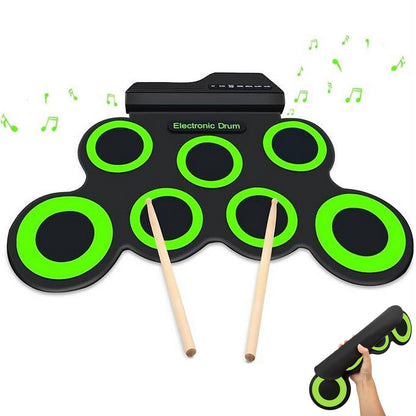 Electric Drum Kit Portable Tabletop Drum Set Digital Drum Pads Gifts for Kids Beginners-Green