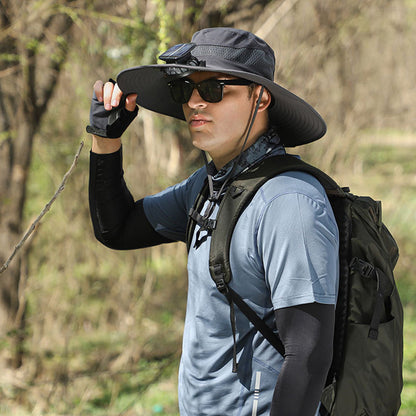 Wide Brim Sun Hat with 2 Solar Fan Sun Bucket Hat for Fishing Camping Hiking  Black