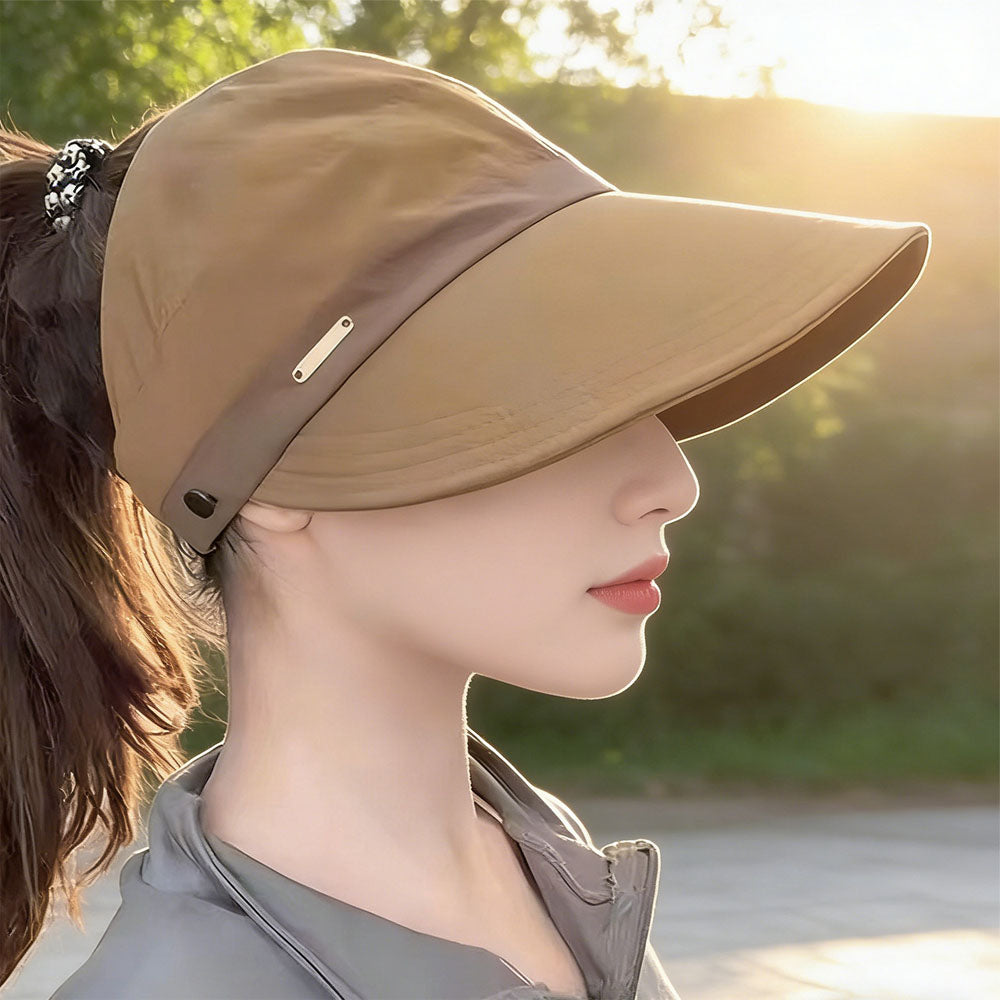 Womens Wide Brim Ponytail Sun Hat Breathable Beach Cap - Coffee