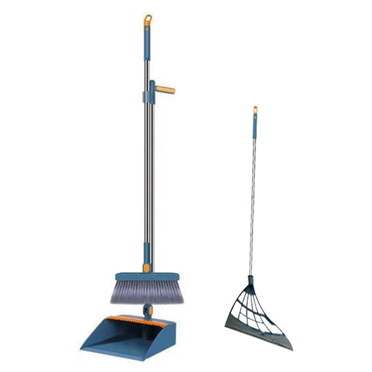 180-Degree Rotating Broom and Foldable Standing Dustpan Set with Scraper for Home Office Blue