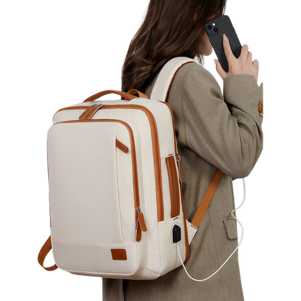 26L Expandable Commuter Backpack Water Resistant Laptop Bag with USB Charging Port Beige