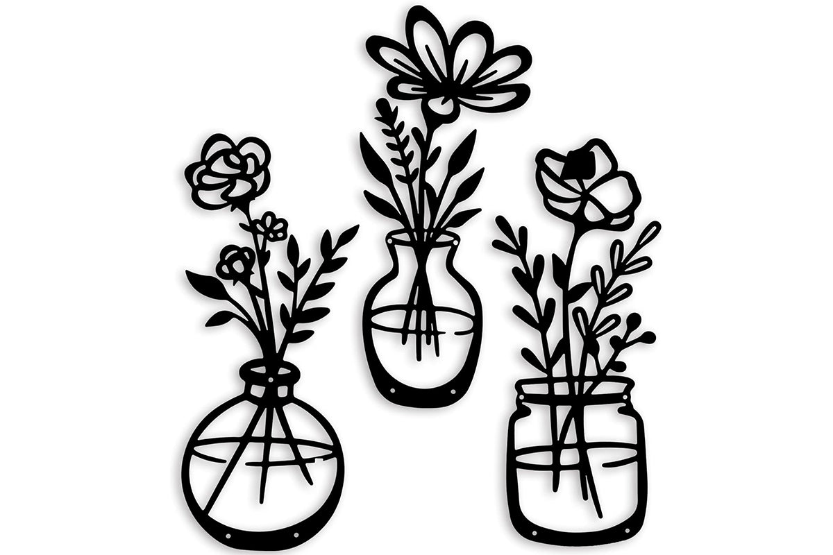 3Pcs Metal Flowers Wall Art Wall Decor Sculptures Hanging for Kitchen Living Room -Black Flowers