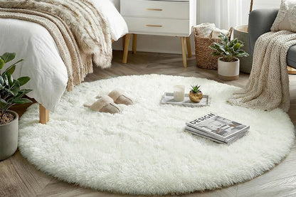 Fluffy Round Plush Area Rug Non Slip Carpet - White