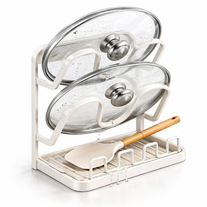 Pot Lid Storage Rack Carbon Steel Holder with Drip Tray Organizer-White