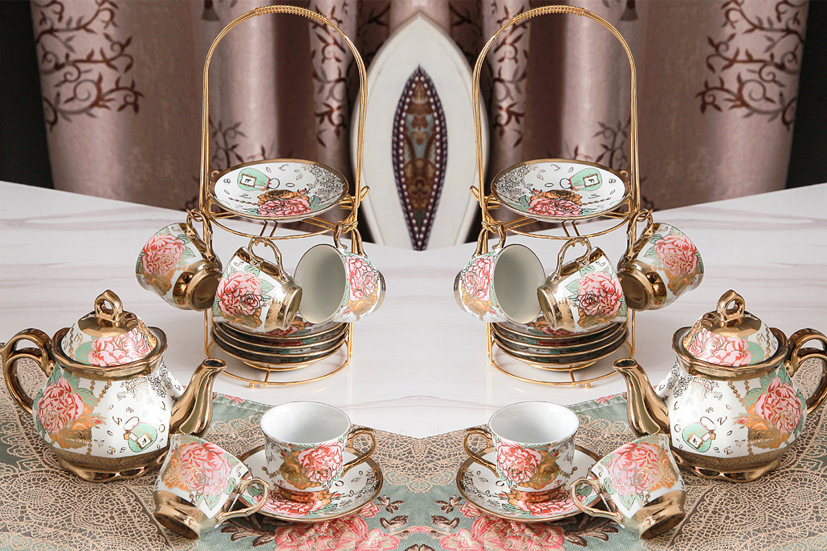 20Pcs Ceramic Tea Sets for Tea Party Porcelain Tea Set With Metal Holder and Teapot