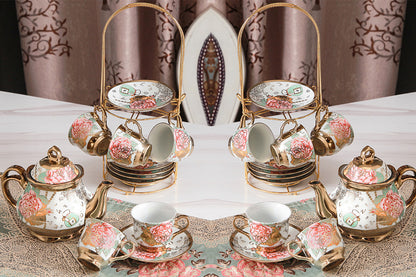 20Pcs Ceramic Tea Sets for Tea Party Porcelain Tea Set With Metal Holder and Teapot