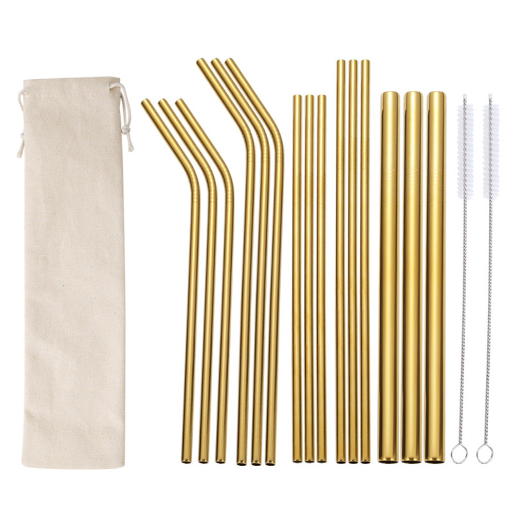 17Pcs Reusable Stainless Steel Straws Set with Cleaning Brushes and Pouch-Gold