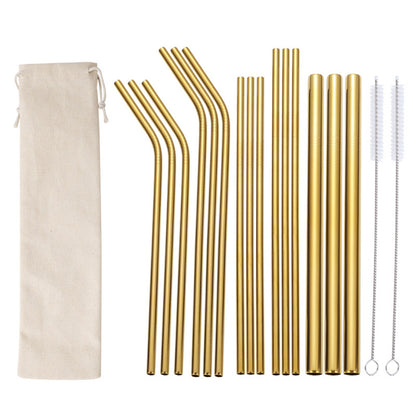 17Pcs Reusable Stainless Steel Straws Set with Cleaning Brushes and Pouch-Gold