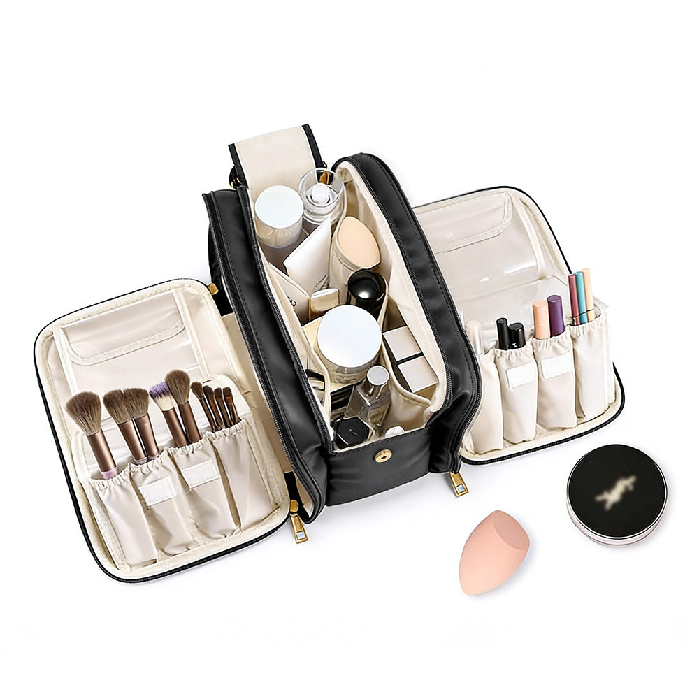 Large Capacity Travel Makeup Bag Portable Cosmetic Organizer Storage Toiletry Bags-Black