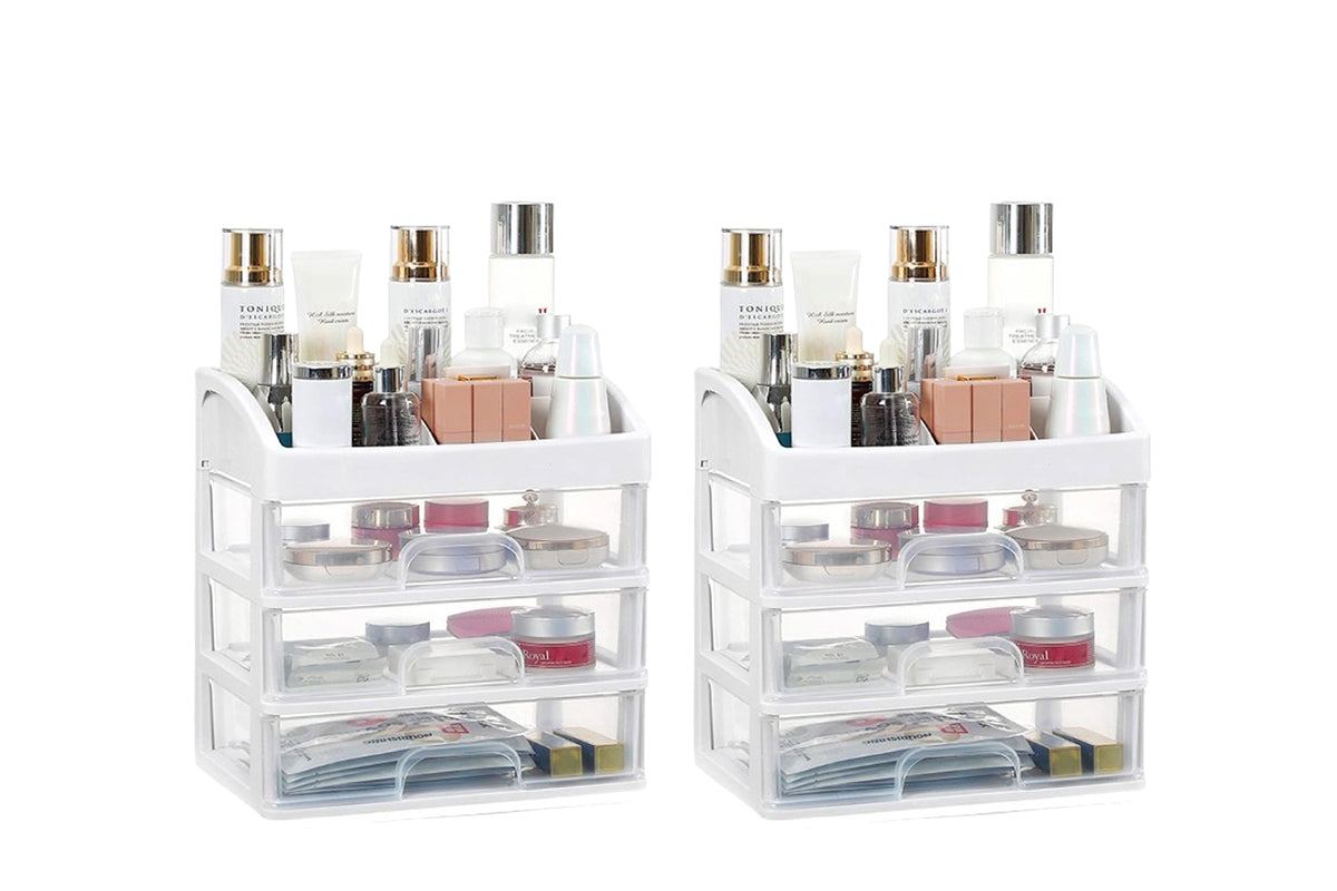 2Pcs Clear 3 Tiers Drawers Countertop Storage Box Cosmetic Display Case