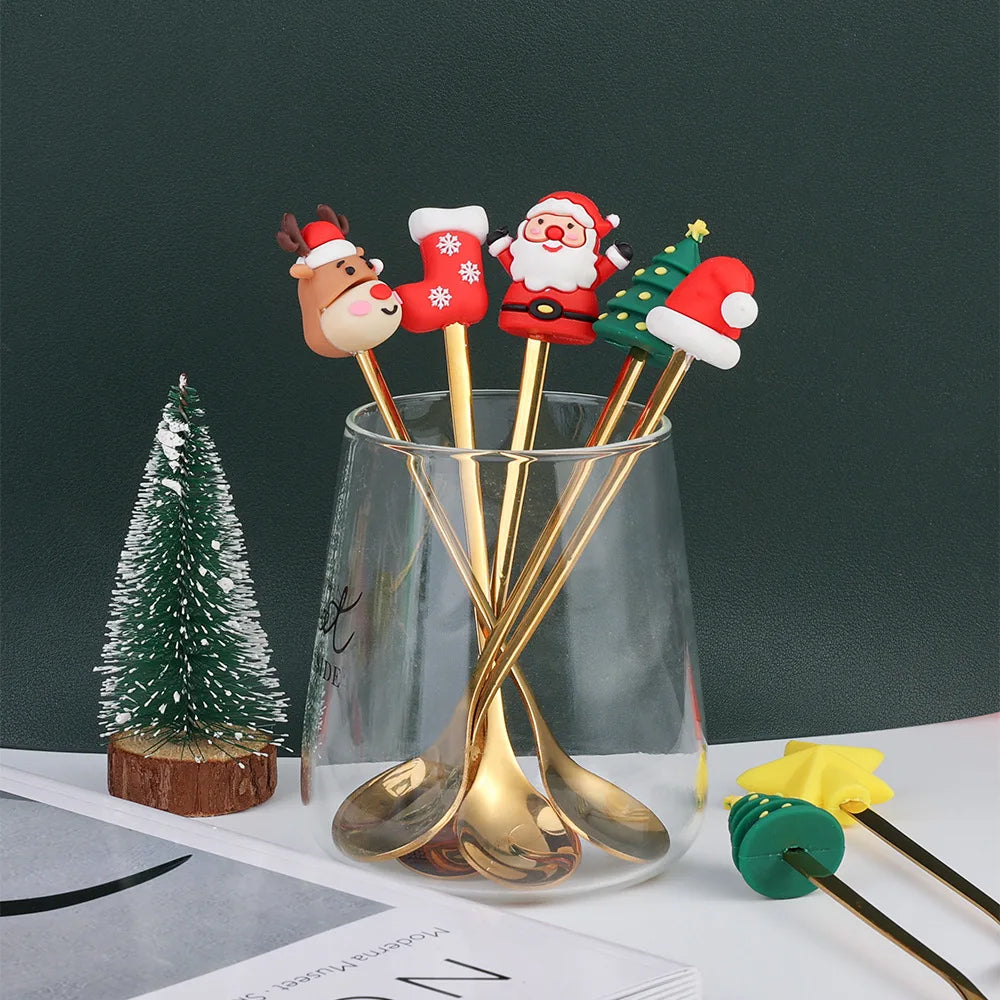 6Pcs Christmas Cutlery Cake Dessert Coffee Stainless Steel Spoon Fruit Fork Tableware Style 3