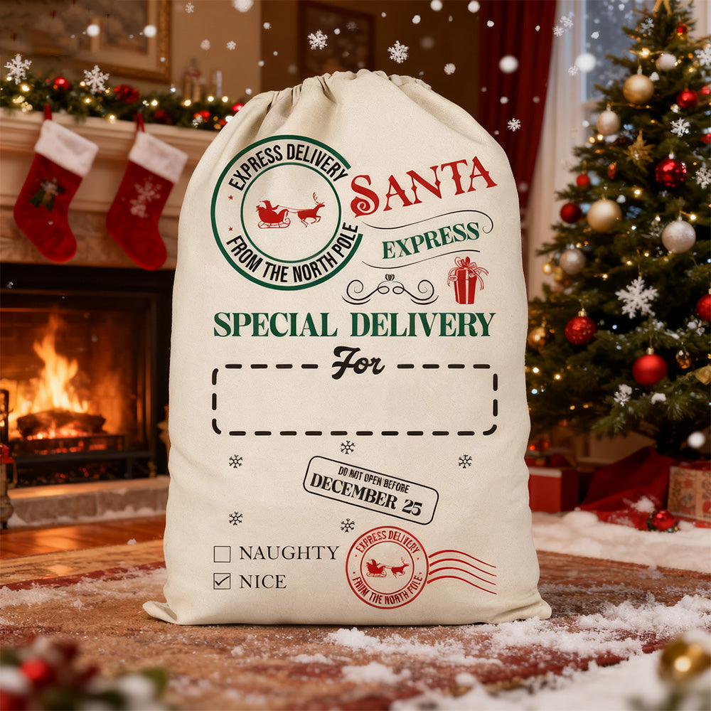 2Pcs Christmas Gift Canvas Bags Santa Sacks with Drawstring Closure Style 1