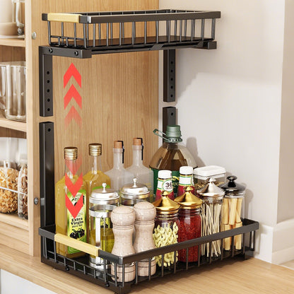 Under Sink Organizer 2 Tier Pull Out Cabinet Storage Slide Out Shelf Metal Sliding Drawer-Black